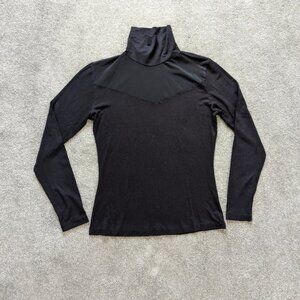 Cool and Sexy illusion mesh sheer neckline black long sleeve tee women's Large